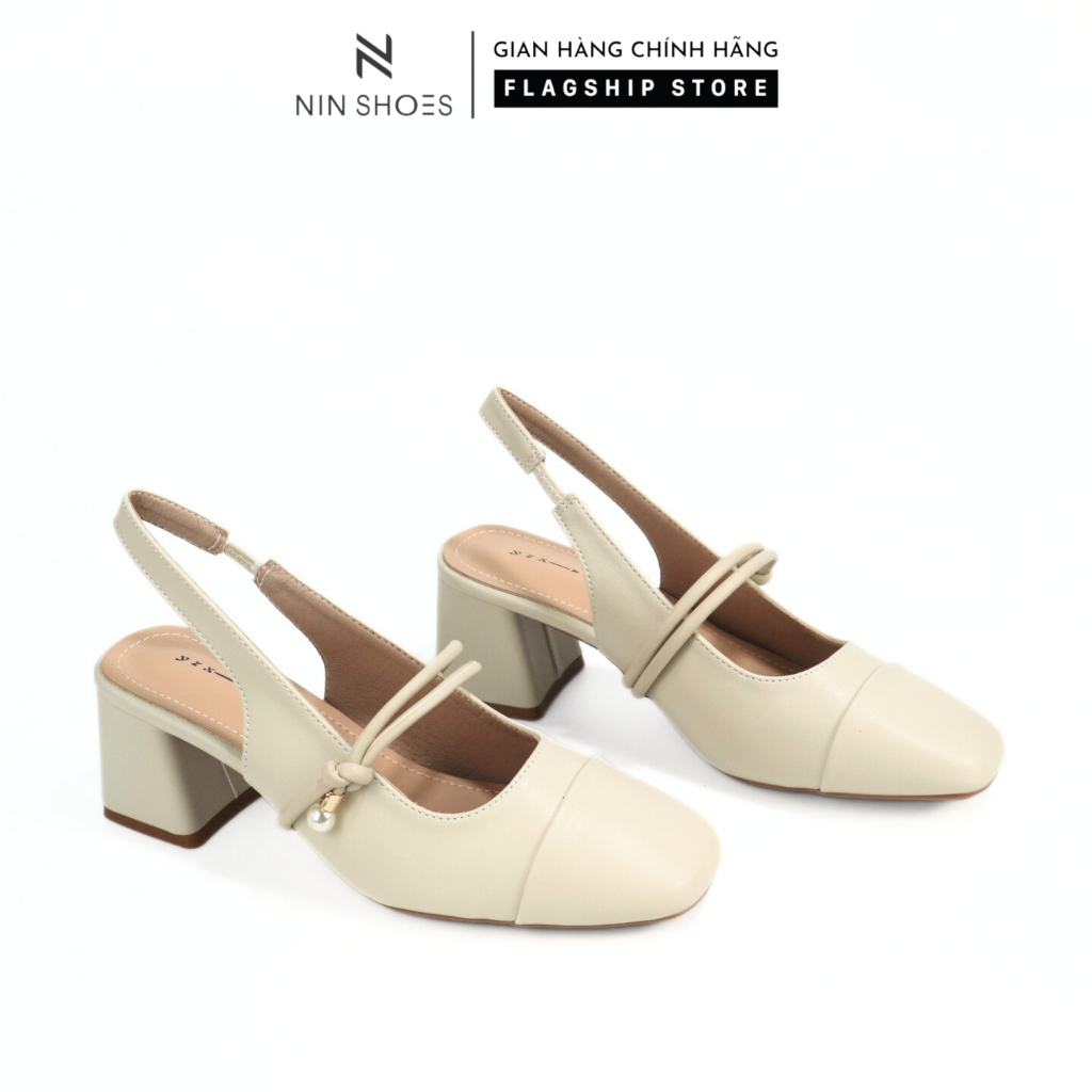 Cao gót Ninshoes đế vuông 6P mũi vuông hở gót tag dây thắt nút chốt ngọc tiện lợi