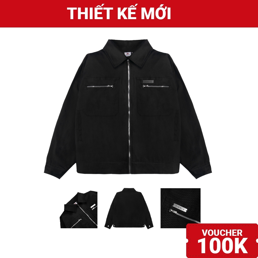 Áo khoác kaki nam cao cấp cổ bẻ kiểu dáng biker 2 lớp màu đen chính hãng HIDDLE | H10-AK3