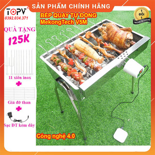 Bếp nướng than hoa tự xoay TopV V5M lò nướng than inox dã ngoại bbq ngoài trời quay gà vịt thịt bếp than củi không khói