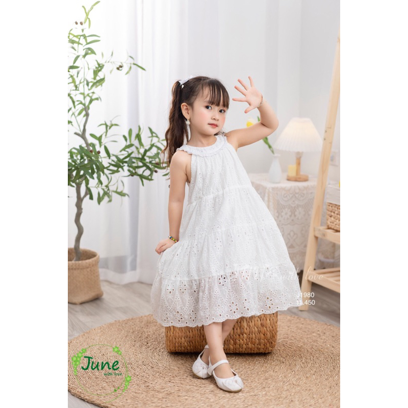 Váy Đầm bé gái thô thêu trắng siêu sang xinh cho bé
