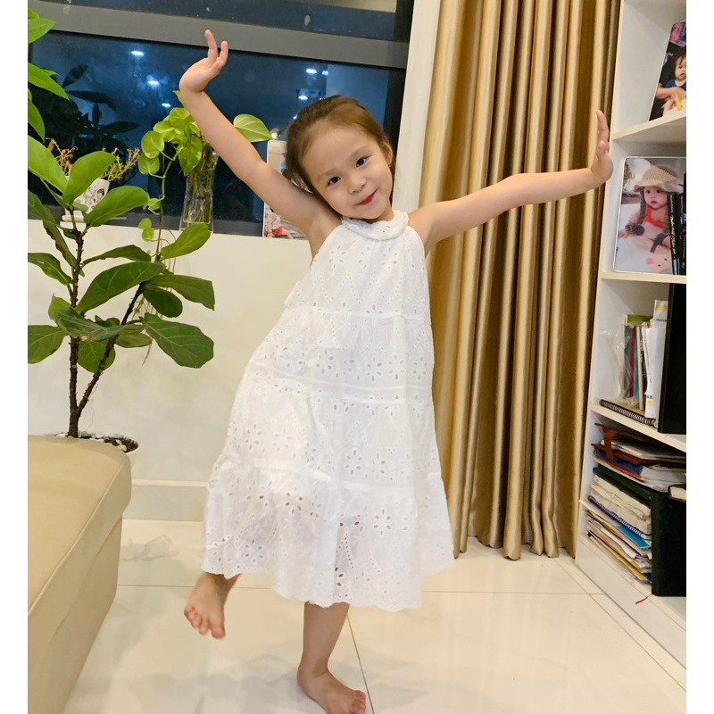 Váy Đầm bé gái thô thêu trắng siêu sang xinh cho bé