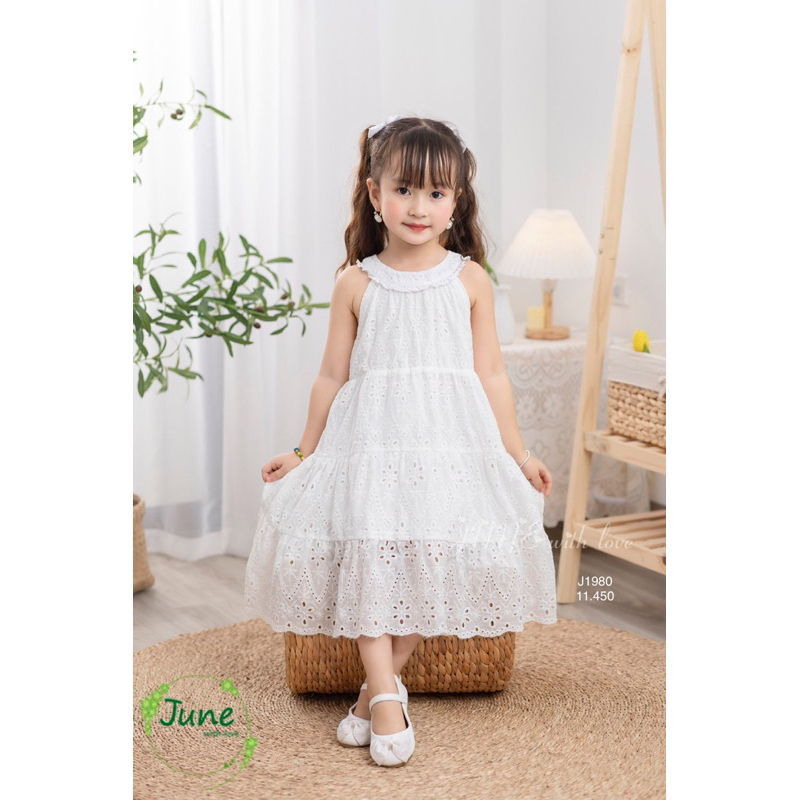 Váy Đầm bé gái thô thêu trắng siêu sang xinh cho bé
