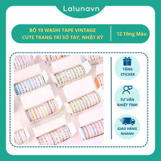 Lalunavn Bộ 10 Washi tape vintage 12 tông màu cute xinh yêu trang trí sổ tay bullet journal - A04
