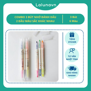 Combo 3 bút đánh dấu highlight 2 đầu màu sắc khác nhau, bút nhớ cho học sinh - A52