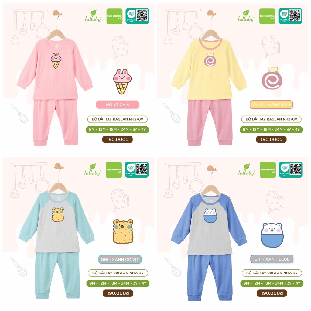 Bộ quần áo dài tay cài vai chất liệu sợi tre họa tiết trẻ em Lullaby