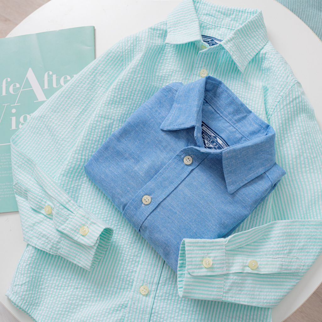 Áo sơ mi bé trai tay dài chất vải cotton mềm mịn thoáng mát size từ 25kg đến 45kg có 2 màu