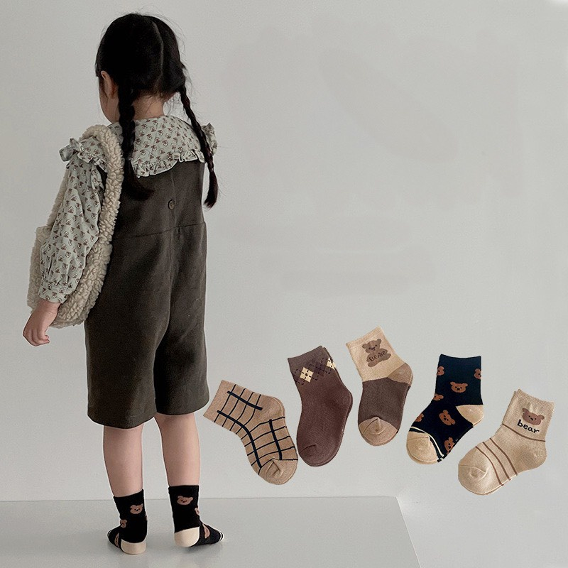Set 5 Đôi Tất Vớ Bé Trai, Gái Hoạ Tiết Gấu Nâu Siêu Xinh