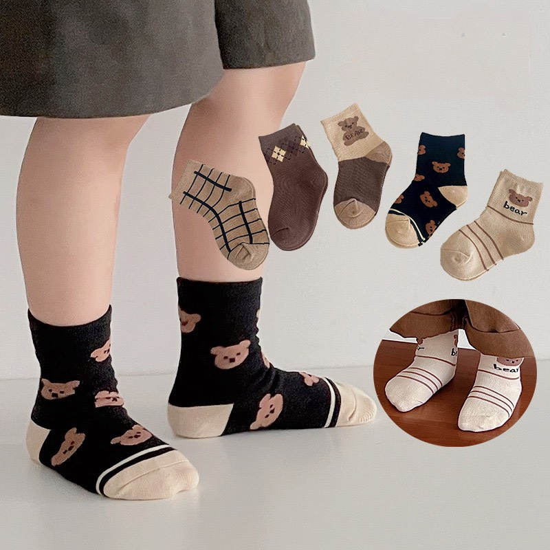 Set 5 Đôi Tất Vớ Bé Trai, Gái Hoạ Tiết Gấu Nâu Siêu Xinh