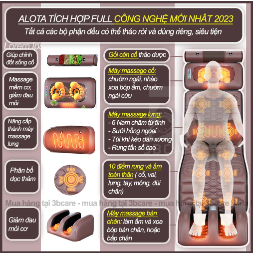 Nệm massage toàn thân Alota N24 làm ấm rung xoa bóp kèm máy massage lưng và máy massage chân