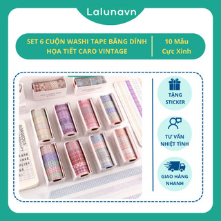 Hộp washi tape 6 cuộn vintage họa tiết kẻ caro cute xinh yêu dán sổ tay Lalunavn - A06