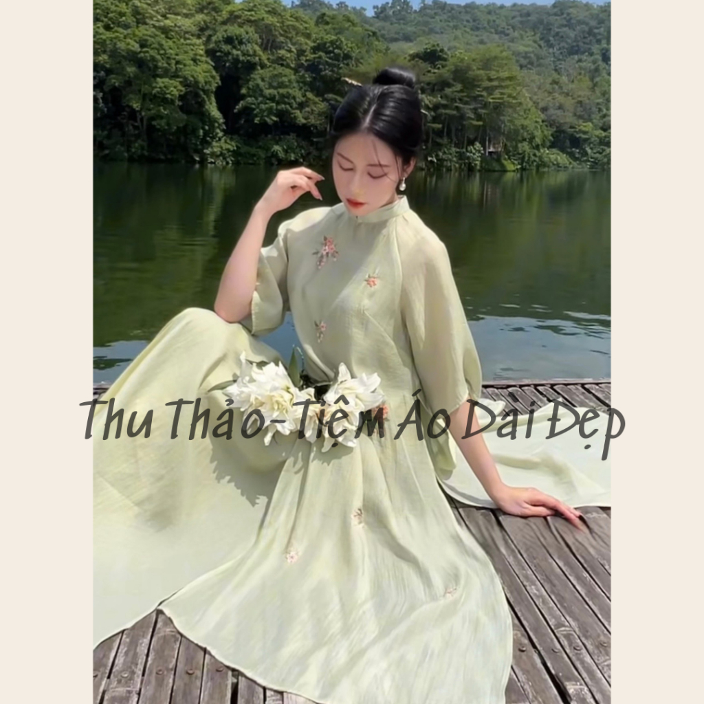 Áo Dài Cách Tân Xuông Xưa Nhã Vy Cao Cấp ,Áo Dài Suông Thêu Tay Loe Lỡ Trẻ Trung