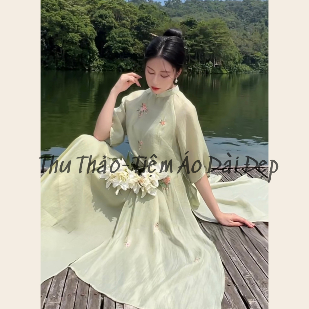 Áo Dài Cách Tân Xuông Xưa Nhã Vy Cao Cấp ,Áo Dài Suông Thêu Tay Loe Lỡ Trẻ Trung