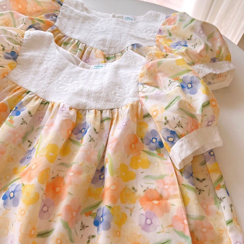 Váy bé gái 8-26kg VÁY HOA VÀNG PHỐI CỔ REN