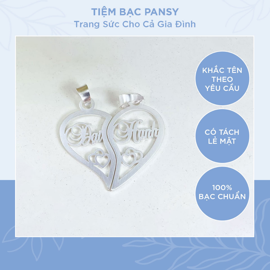 Mặt dây chuyền cặp đôi bạc hình trái tim ghép khắc chữ - Set 2 vòng cổ PANSY trái tim độc đáo cho nam nữ