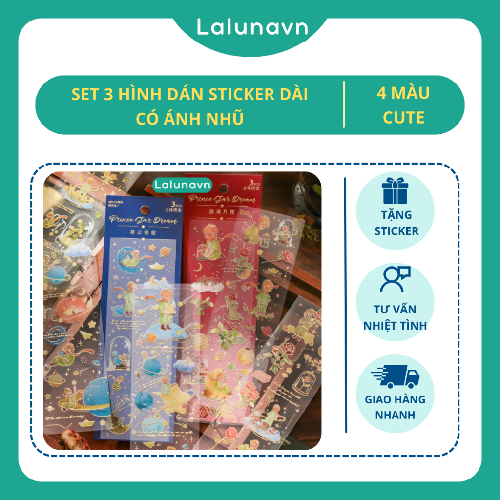 Set 3 Sticker dài có ánh nhũ, hình dán trang trí sổ tay, album, điện thoại cute dễ thương Lalunavn A89
