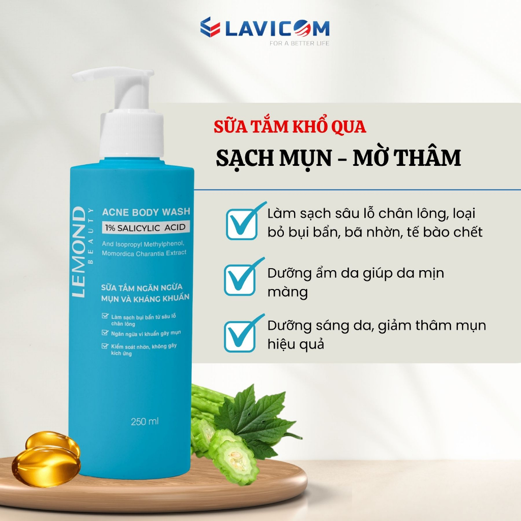 Sữa Tắm Sạch Mụn Lưng Giảm Thâm Mụn ALFASEPT Lemond Acne Body Wash 250ml Chiết Xuất Khổ Qua Ngừa Mụn, Dưỡng Ẩm Da