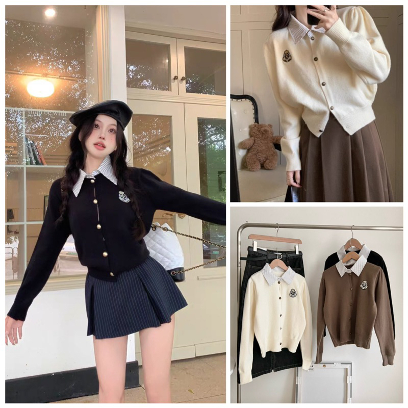 Áo len cài cúc phối cổ sơ mi phong cách vintage Hàn Quốc - Áo len lông thỏ khuy dọc