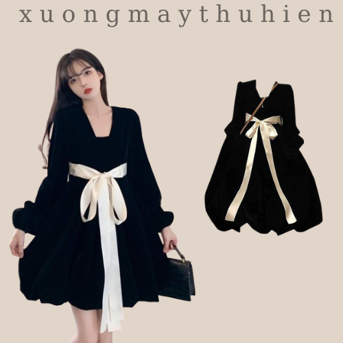 Váy nhung thắt nơ bồng bềnh, Váy phong cách tiểu thư xinh xắn tay dài mini thời trang thu đông Xuongmaythuhien