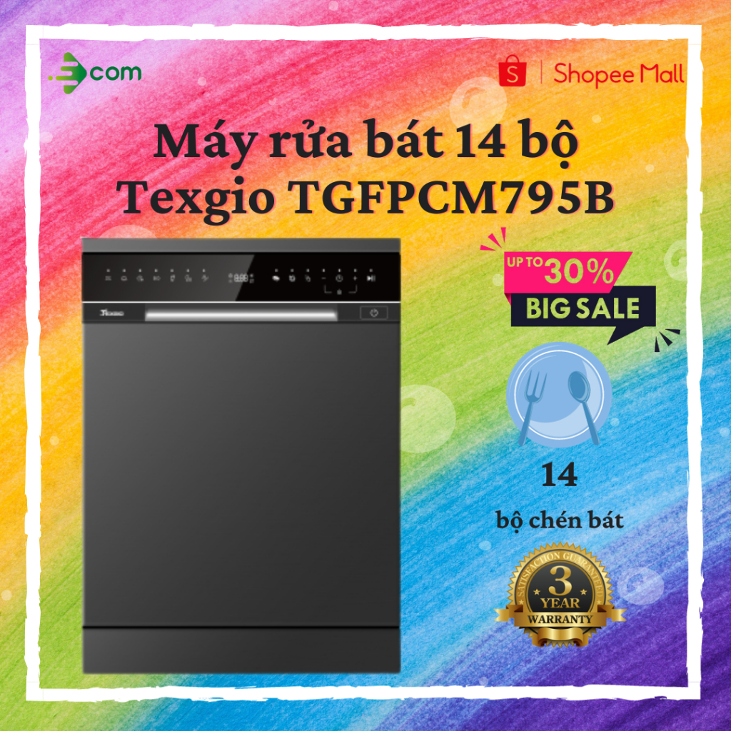 Máy rửa chén bát Texgio TGFPCM795B 13 bộ, sấy khí nóng, diệt khuẩn UV - Hàng chính hãng, Bảo hành 3 năm