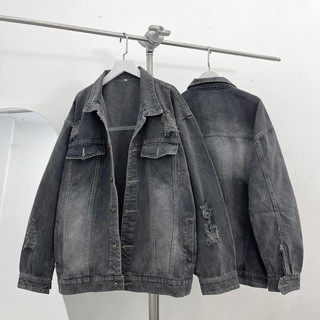 Áo Khoác Jean Xám Bụi Rách Form Rộng Unisex
