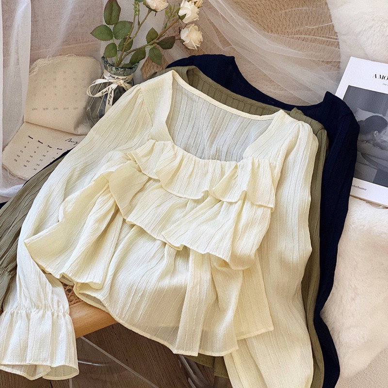 Áo sơ mi cổ vuông viền bèo dáng babydoll Mai Anh Clothing