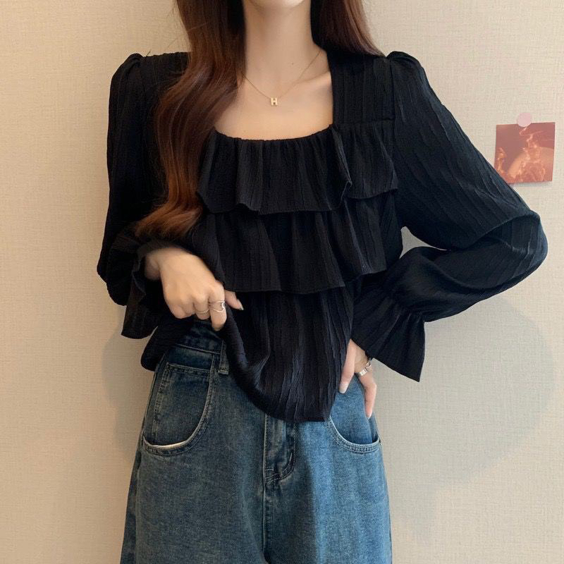 Áo sơ mi cổ vuông viền bèo dáng babydoll Mai Anh Clothing