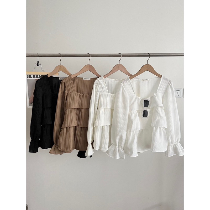 Áo sơ mi cổ vuông viền bèo dáng babydoll Mai Anh Clothing