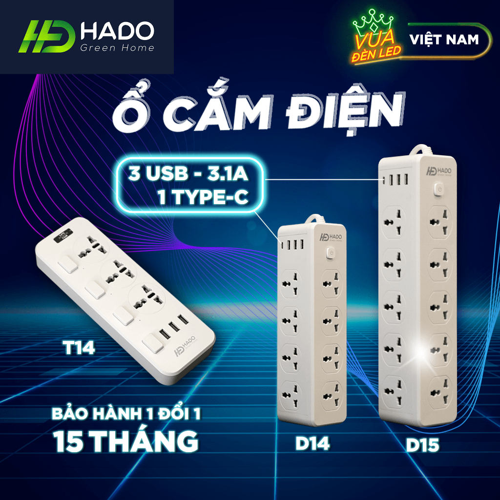 Ổ Cắm Điện Đa Năng HADO D15 Hình Tam Giác, 10 Ổ Cắm 3 USB 1 Sạc Type C, Chịu Tải 3000W, An Toàn Chống Giật, Nhựa PC Cao