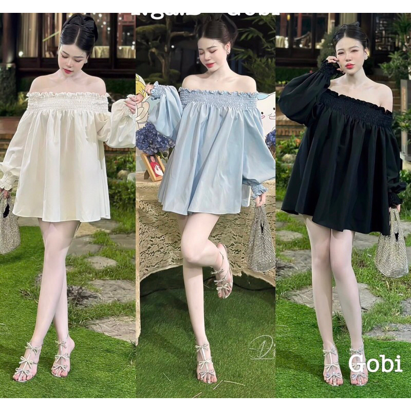 Set Đầm Lụa Bệt Vai Tay Bồng + Quần Đùi MaB, Váy Nhún Bo Bồng đẹp