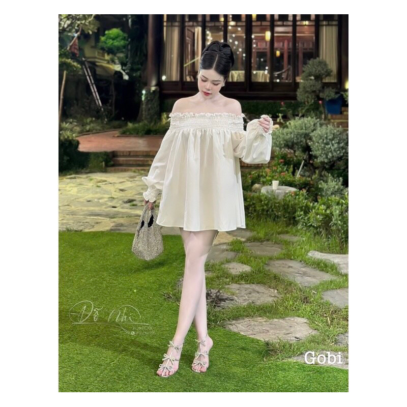 Set Đầm Lụa Bệt Vai Tay Bồng + Quần Đùi MaB, Váy Nhún Bo Bồng đẹp