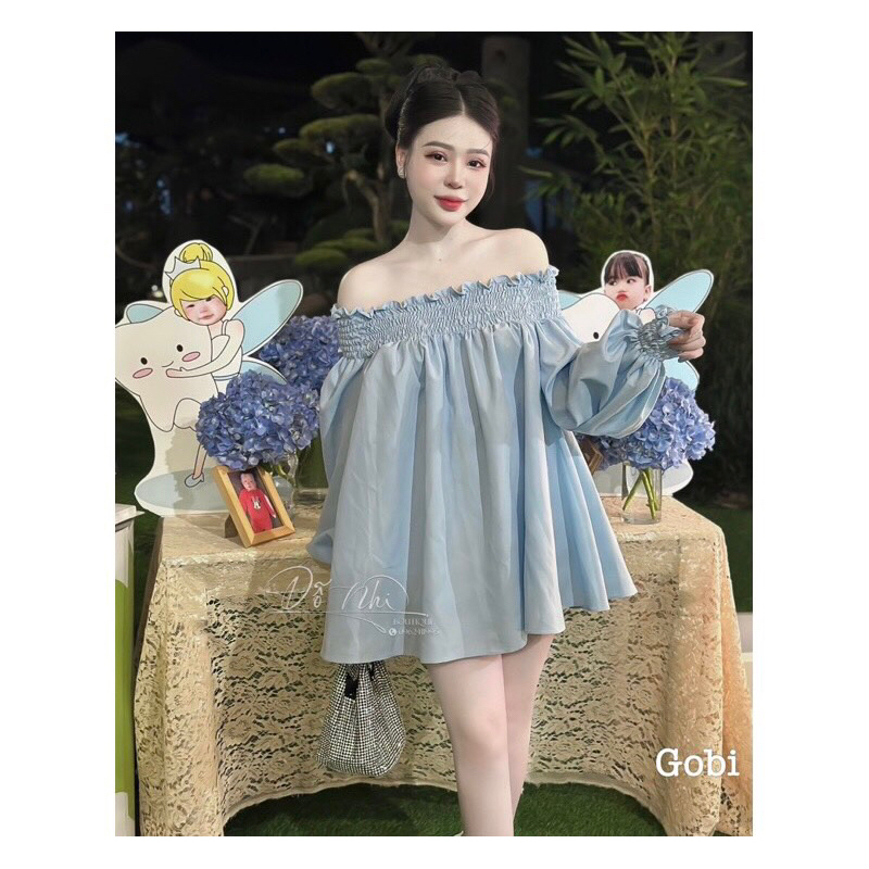 Set Đầm Lụa Bệt Vai Tay Bồng + Quần Đùi MaB, Váy Nhún Bo Bồng đẹp