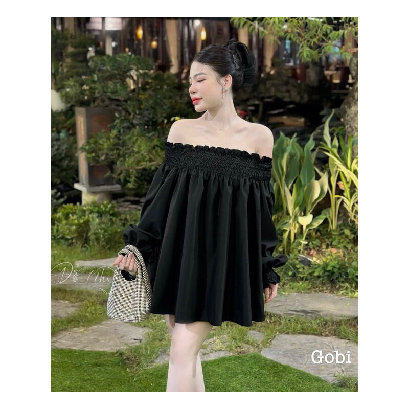 Set Đầm Lụa Bệt Vai Tay Bồng + Quần Đùi MaB, Váy Nhún Bo Bồng đẹp