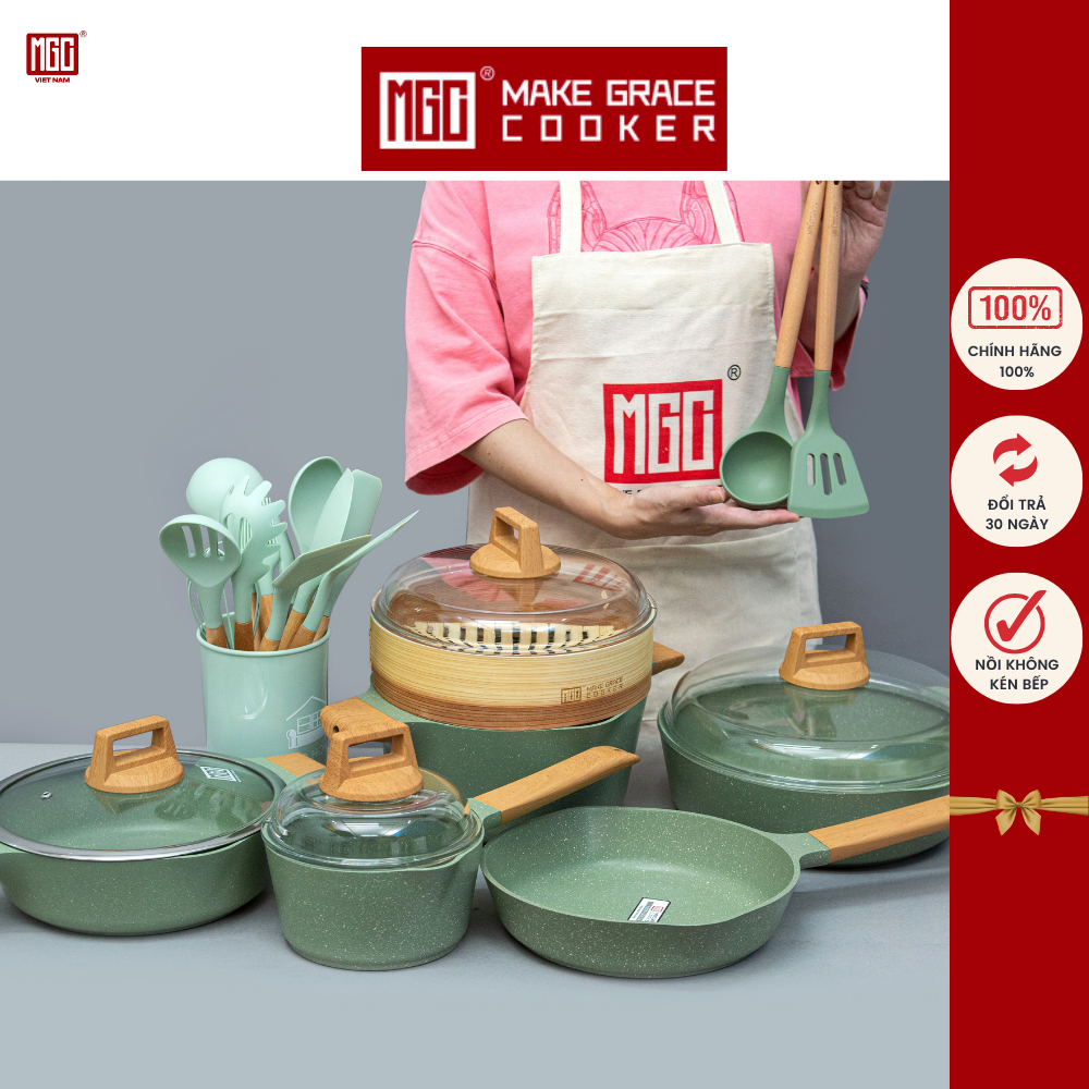Bộ nồi chảo xanh bơ nắp thủy tinh cường lực chính hãng MGC - Tặng kèm tạp dề MGC và muôi silicon cao cấp