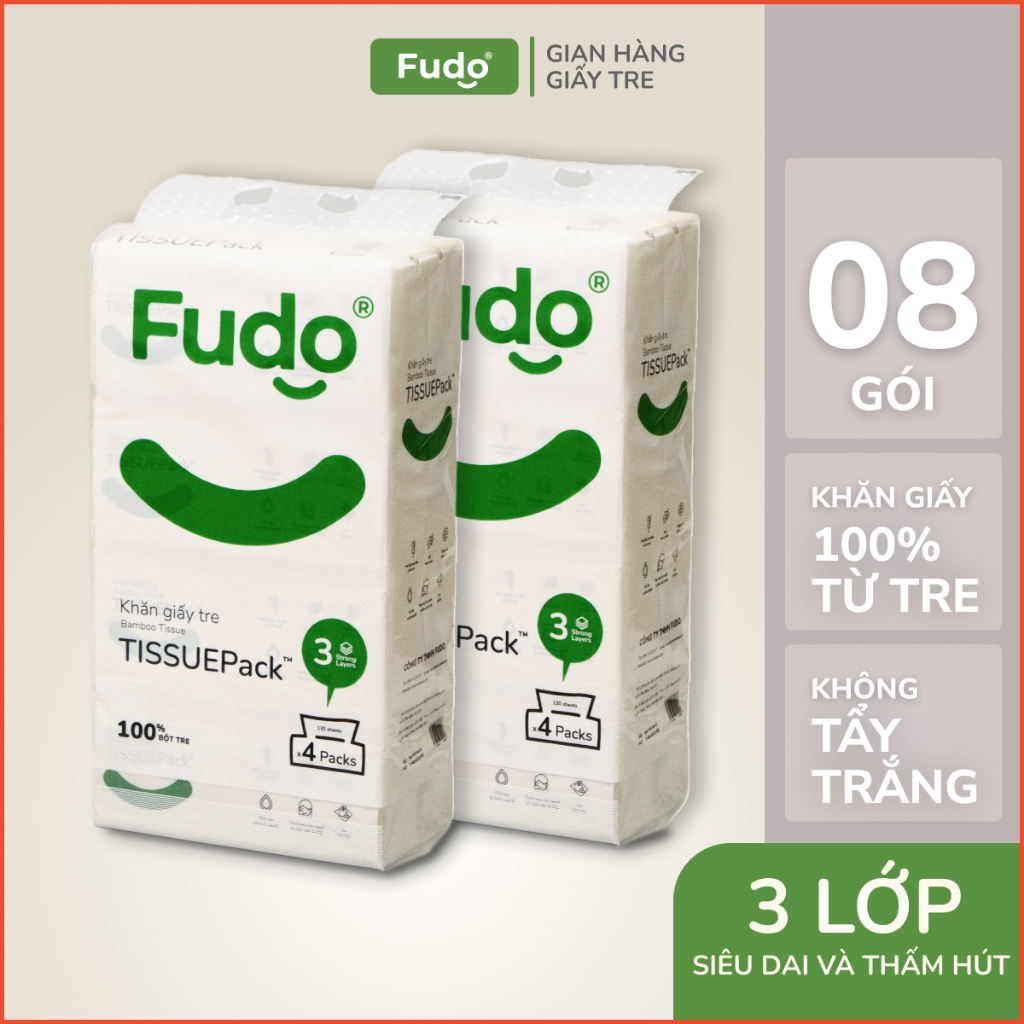 Combo 02 Túi Khăn giấy khô không mùi từ sợi tre siêu dai FUDO TISSUEPack - Dai khi thấm nước và không bụi vụn (08 Gói)