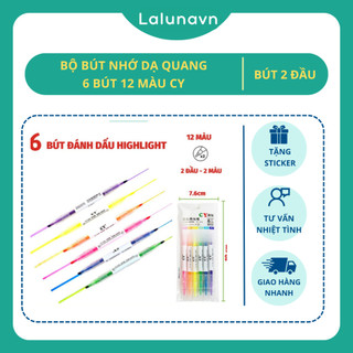 Bộ bút dạ quang 6 bút 12 màu CY nhiều màu 2 đầu trong 1 cây chất lượng cao, bút nhớ, highlight cho học sinh lalunavn-A53