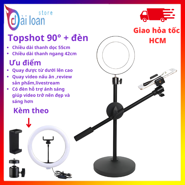 Giá đỡ điện thoại/ máy tính bảng TS90, phụ kiện hỗ trợ quay video từ trên xuống - kèm đèn