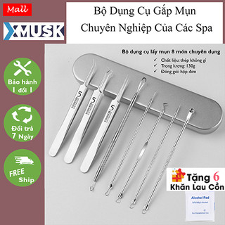 Bộ Que Nặn Mụn 8 Chi Tiết Hộp Thép Không Gỉ Xmusk Chuyên Dụng Spa,Thẩm Mỹ Viện (Tặng 6 Khăn Lau Cồn)