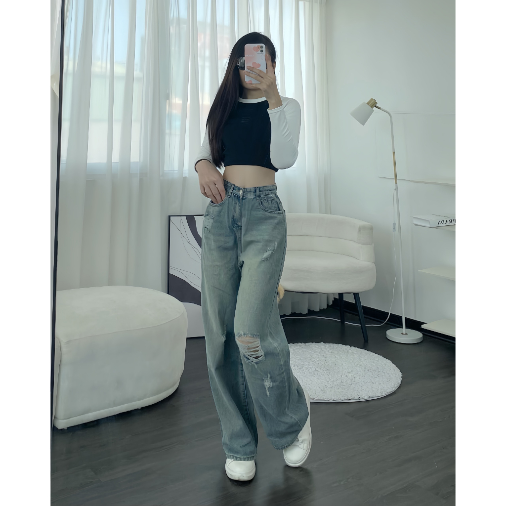 Quàn jeans nữ dáng suông rách gối hack dáng 7289 P11
