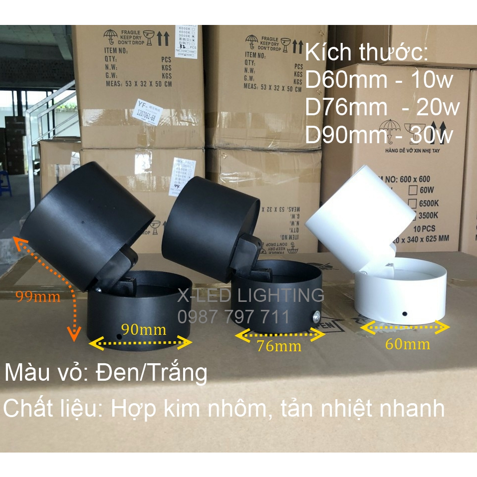 Đèn led ống bơ 220v, gắn nổi, có thể gập chiếu điểm, đèn rọi 7w, 10w, 20w