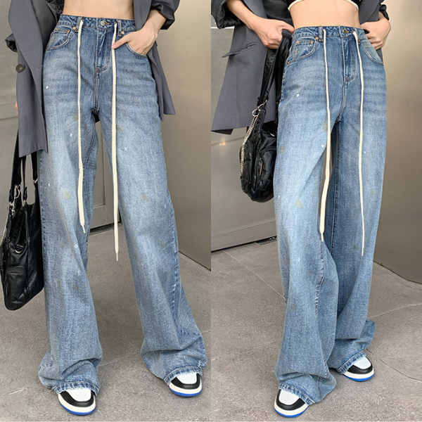Quần Jeans Nữ Ống Rộng Lưng Cao Dây Rút Lưng cao Phong Cách Retro MIAA Màu Xanh Bạc Mới Hottrend 2023