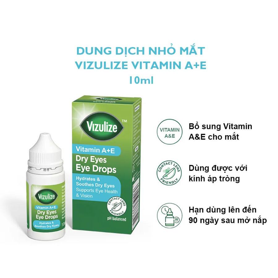 Dung Dịch Nhỏ Mắt Vizulize Vitamin A+E Dry Eyes Eye Drops Giúp Giảm Khô Mắt, Mỏi Mắt (Hộp 10ml)