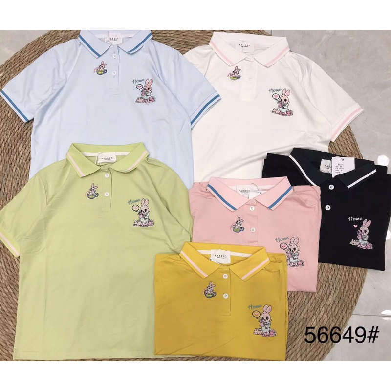 Áo thun nữ tay ngắn cổ bẻ thêu chữ home hình thỏ hàng Quảng Châu chất cotton, áo phông cổ polo form vừa 91985