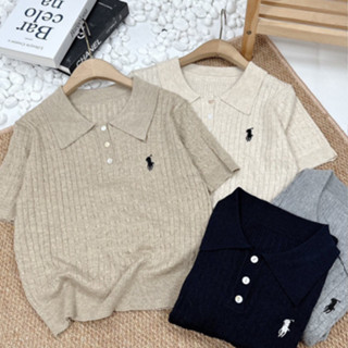 Áo polo Len Thừng Thêu Ngựa cổ bẻ cho nữ thêu hình ngựa xinh xắn, Áo thun cộc tay có cổ nữ 2024