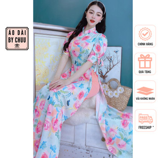 Áo dài truyền thống nữ kiểu họa tiết hoa tay nơ không kèm quần CHUU AD8011