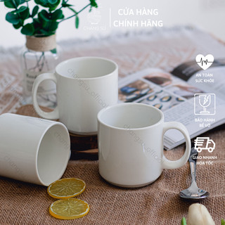 Cốc nước sứ trắng 320ml dáng trụ có quai sứ Minh Châu CN07 - Cốc uống nước, uống trà - In theo yêu cầu