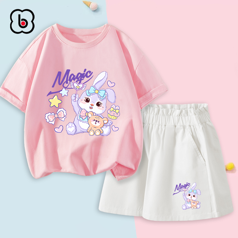 Đồ bộ bé gái BabyloveGO mẫu mới 2024 bộ áo thun quần kaki cho bé in hình thỏ dễ thương BRB27