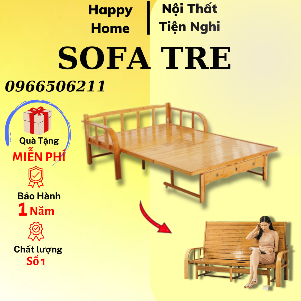 (FREESHIP) Ghế Giường Sofa Tre Gấp Gọn 2 Trong 1 Tiện Lợi, Hiện Đại Phong Cách, 100% Tre Tự Nhiên