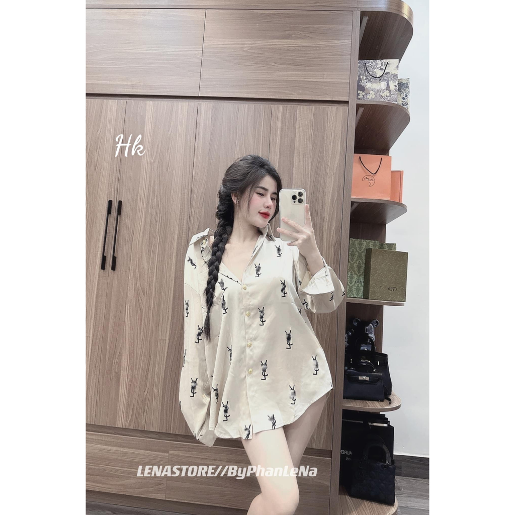 Áo sơ mi lụa họa tiết Y.SL dáng dài rộng hót