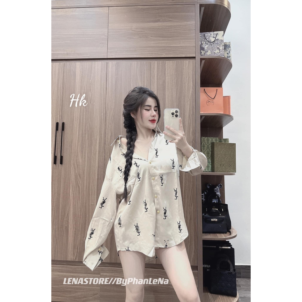 Áo sơ mi lụa họa tiết Y.SL dáng dài rộng hót
