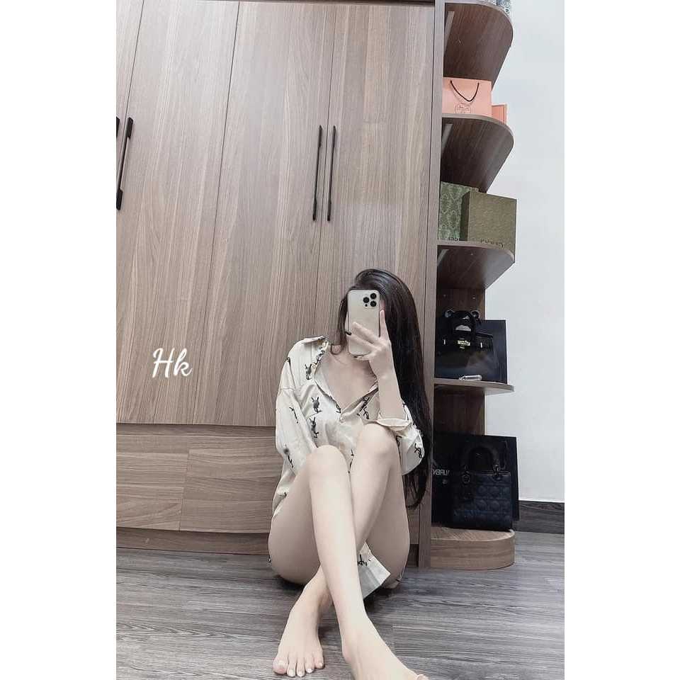 Áo sơ mi lụa họa tiết Y.SL dáng dài rộng hót